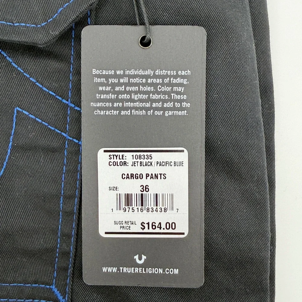True Religion Mens Cargo Pants 36x32 Black Pacific Blue Contrast Stitch 108335